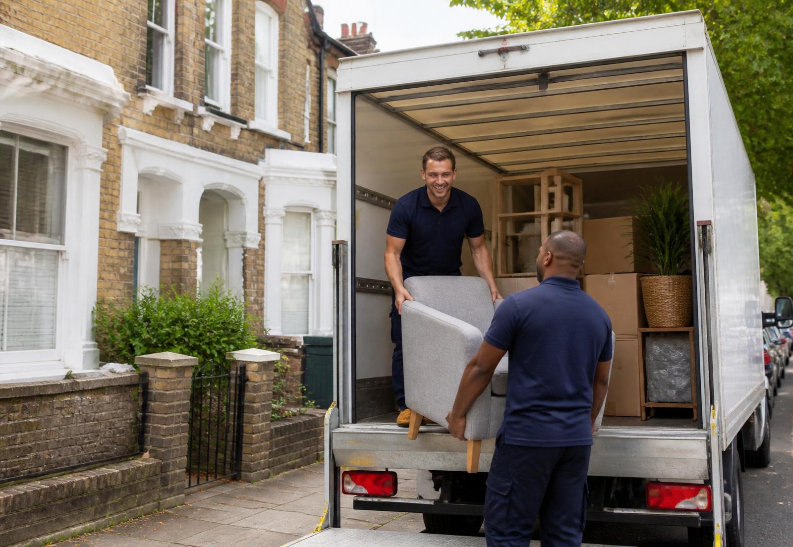 Prime Property Clearance team loading furniture into a Luton van outside a terraced house in SE London